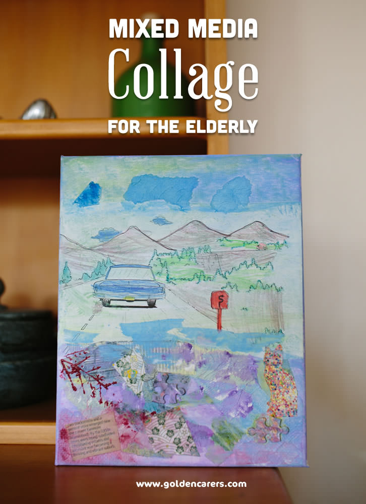 An engaging and stimulating Activity for Seniors! Mixed Media Collage activities are especially beneficial for people living with dementia.  Dementia and creativity mix well together, producing works that are original and daintily surprising.